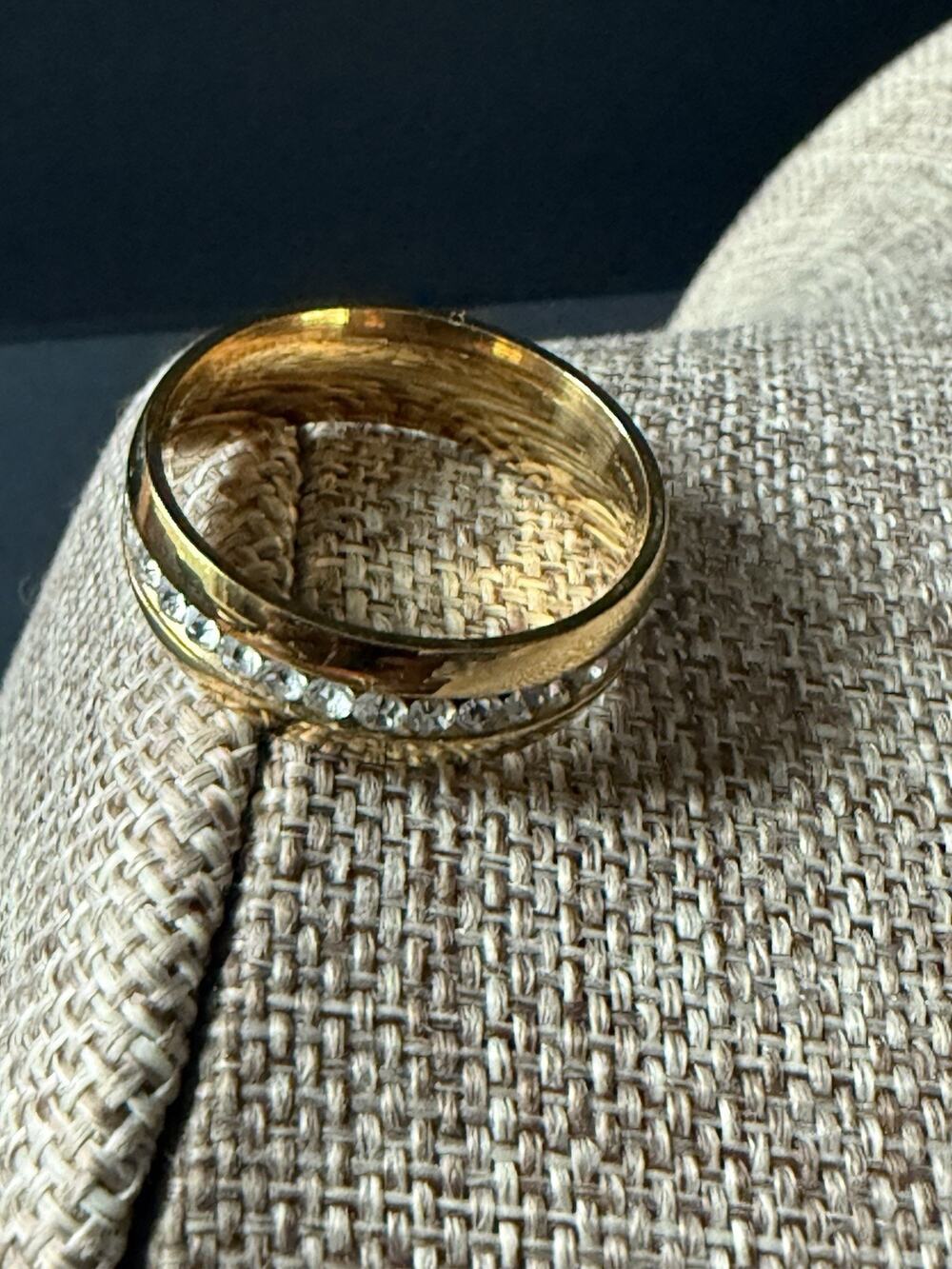 Gold Tone Rhinestone Ring Band Unisex Size 9.5 Minimalist Classic Wedding